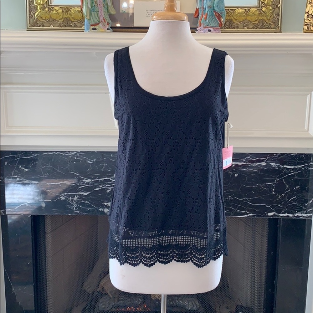 NWT Black eyelet lace, crocheted lace trim tank - Picture 1 of 6